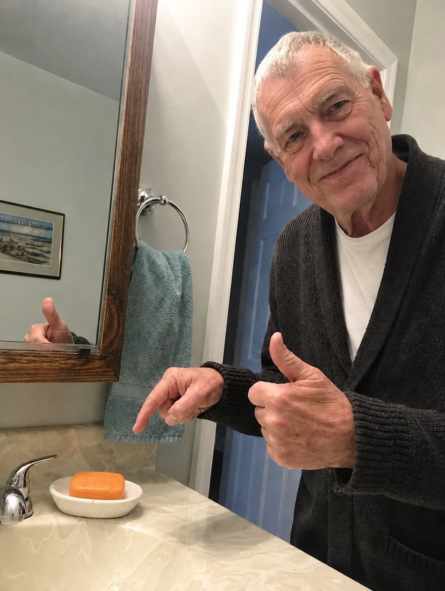 Walter holding the soap bar