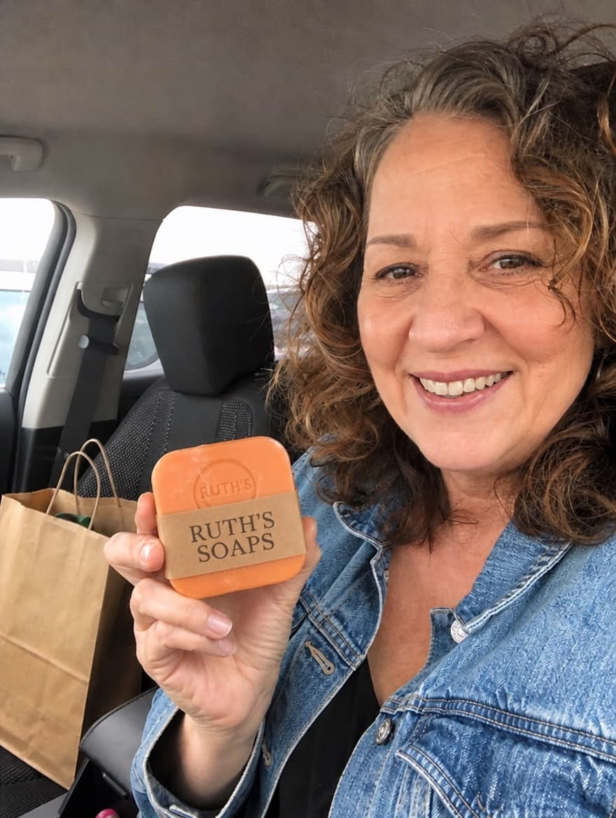 Karen holding the soap bar