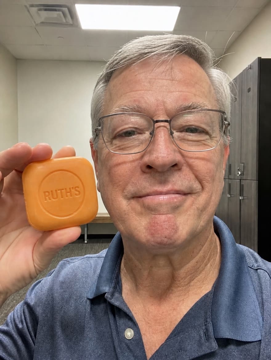 Robert holding the soap bar